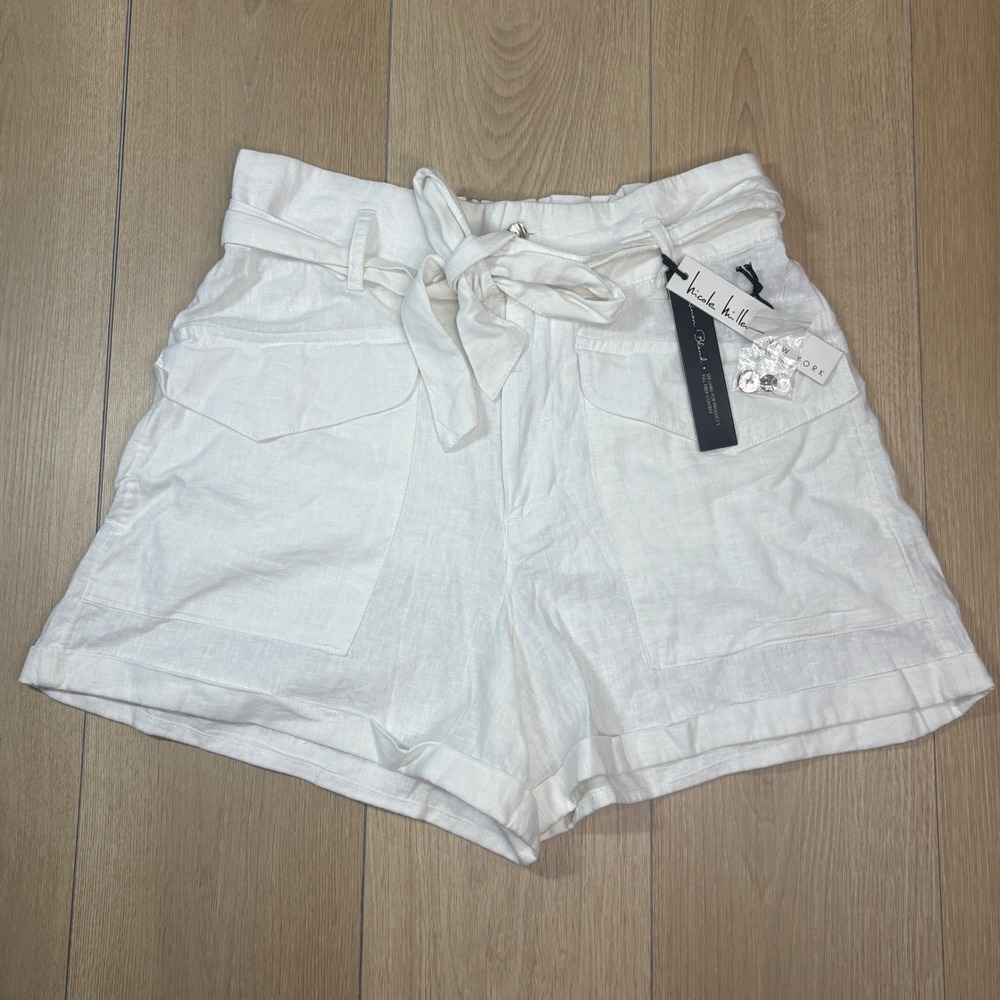 Nicole Miller New York White Linen Blend Paperbag Utility Shorts Belted M NWT